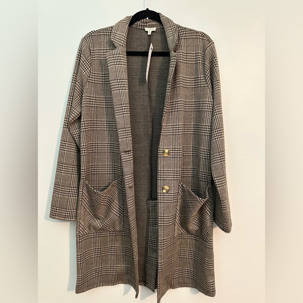 NWT En Creme Plaid Pocket Knit Coatigan Cardigan Coat Button Chocolate Taupe - Picture 8 of 10
